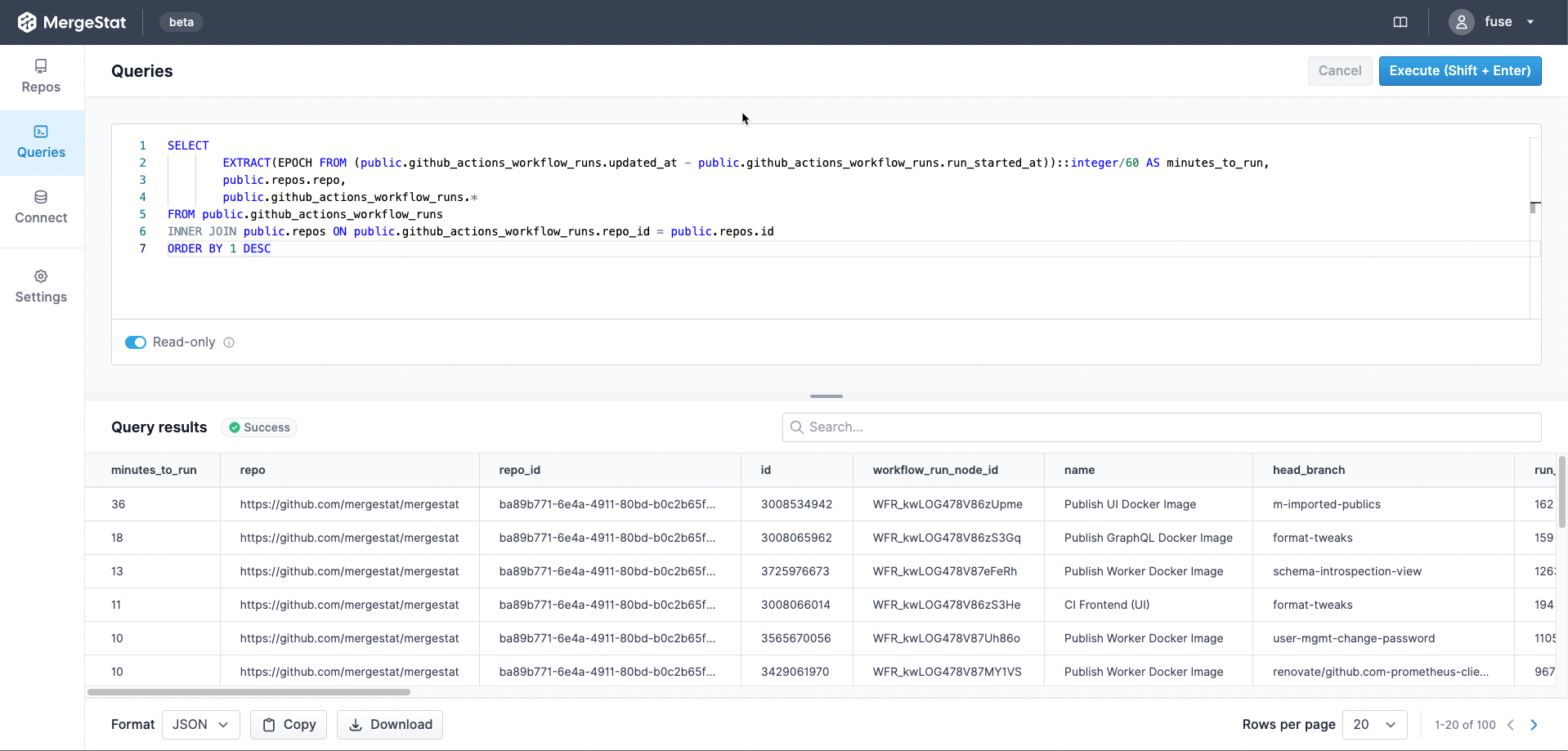 Screenshot of SQL query for finding long running GitHub Actions in the MergeStat app